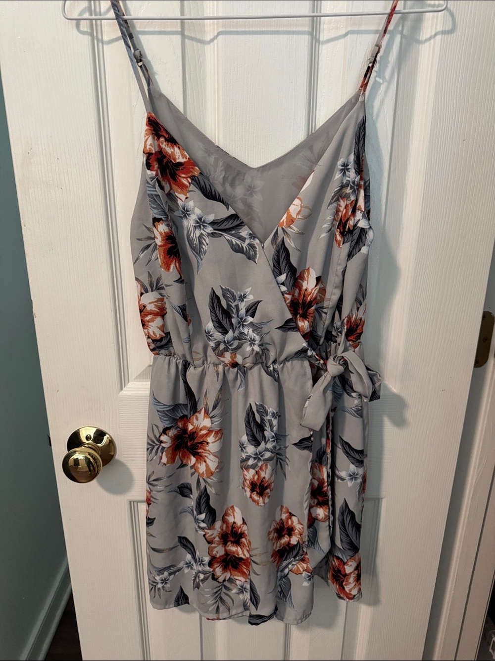 Floral Wrap-Front Spaghetti Strap Romper in Light Gray and Rust